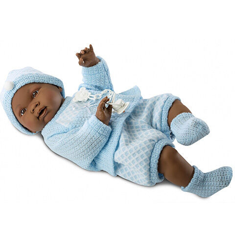 Llorens Csecsemő baba kék ruhában néger 45 cm