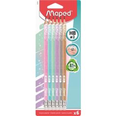   Grafitceruza radírral, HB, háromszögletű, MAPED "Black'Peps Glitter Deco", vegyes pasztell 6db