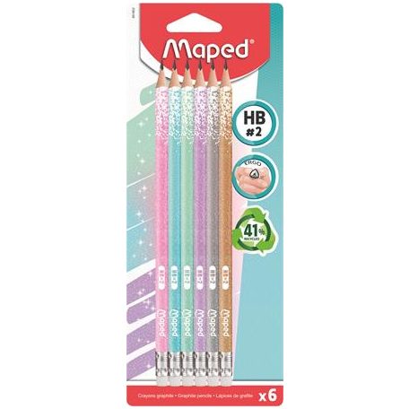 Grafitceruza radírral, HB, háromszögletű, MAPED "Black'Peps Glitter Deco", vegyes pasztell 6db