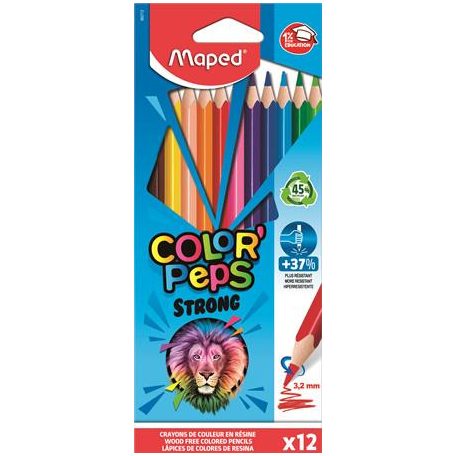 Színes ceruza készlet, háromszögletű, MAPED "Color'Peps Strong", 12 különböző szín