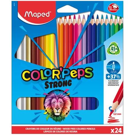 Színes ceruza készlet, háromszögletű, MAPED "Color'Peps Strong", 24 különböző szín