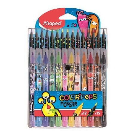 Filctoll és színes ceruza készlet, MAPED "Color'Peps Monster" 12+15 különböző szín