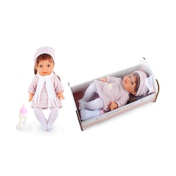 MK TOYS- Pisilő baba kockás ruhában hanggal és kisággyal 30cm