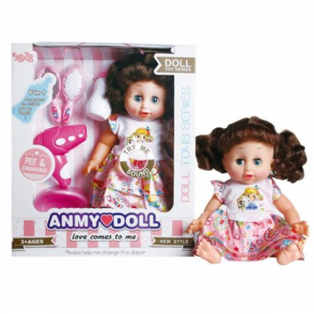 MK TOYS- Barna hajú pisilős baba hajszárítóval, bilivel és kigeészítőkkel