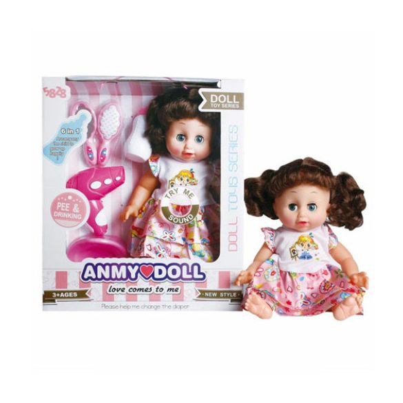 MK TOYS- Barna hajú pisilős baba hajszárítóval, bilivel és kigeészítőkkel