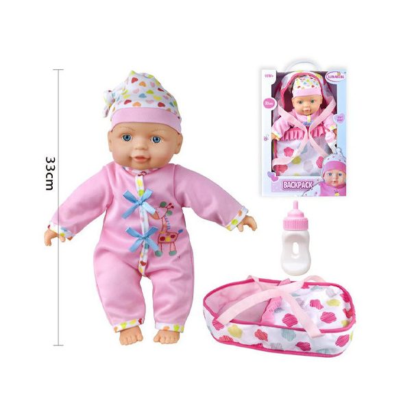 Pizsamás baba pólyával és cumisüveggel 33cm 